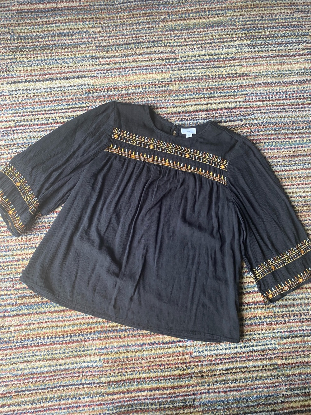 J. Jill Black Peasant Top with Gold Embroidery
